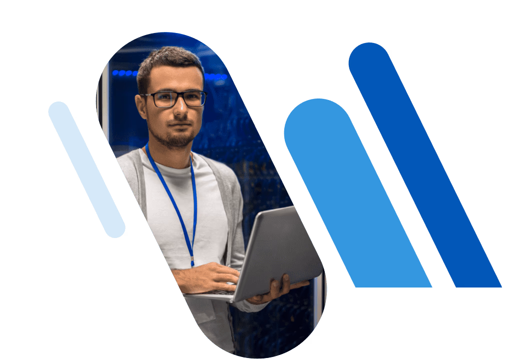 administrator with notebook in front of server