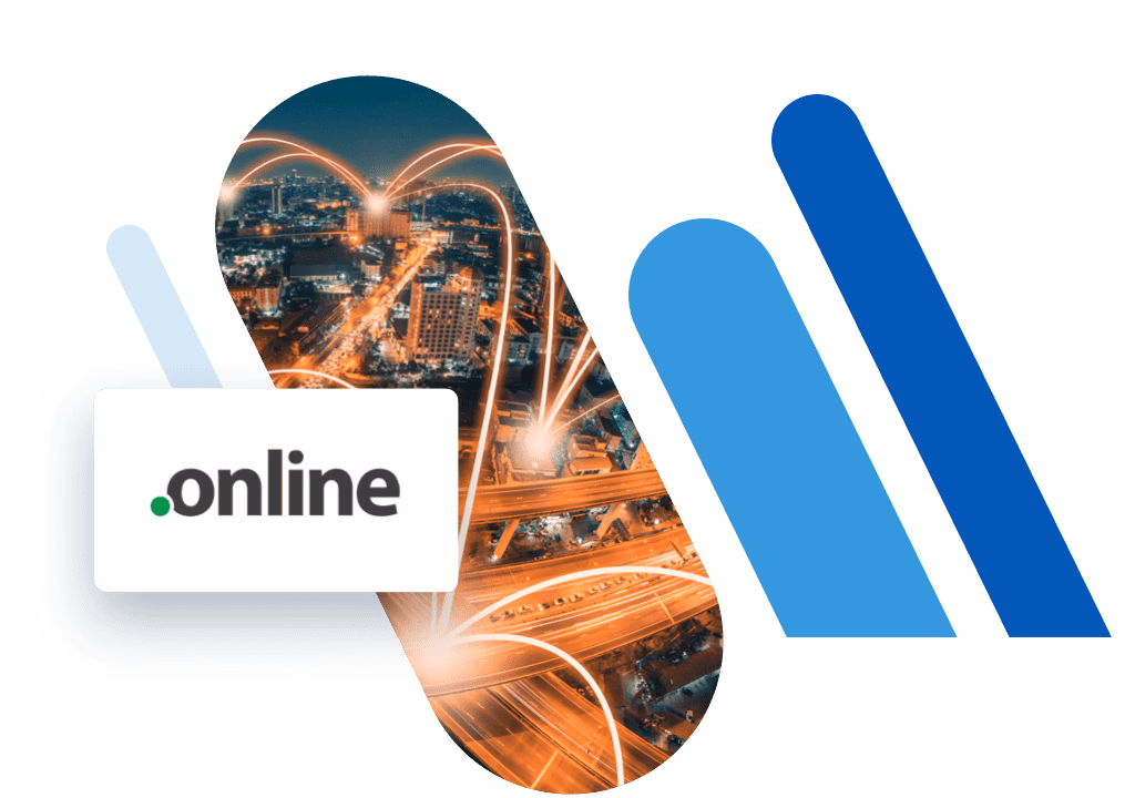 .online Domain Logo und Straßennetz bei Nacht; blaue Balken