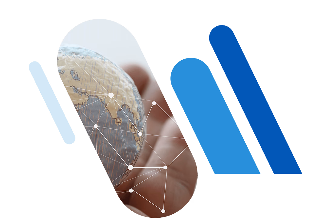 Globe, blue bars, and a hand symbolizing global connectivity and influence.